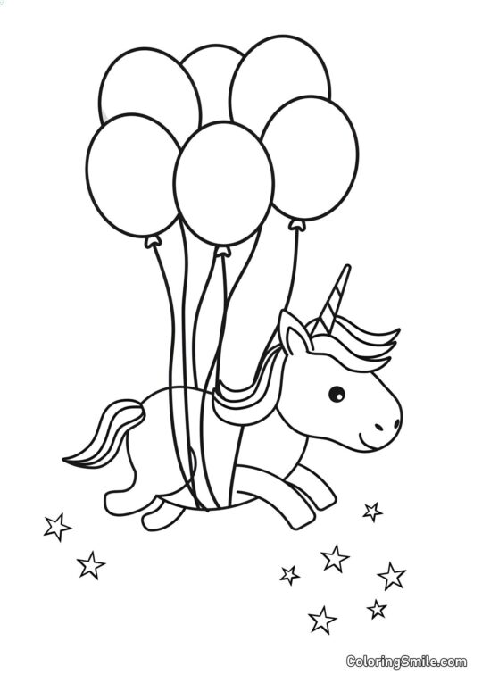 Unicorno che vola su palloncini - Pagina da Colorare