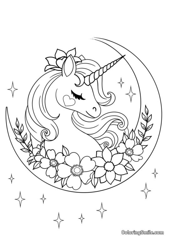 Unicorno e luna crescente - Pagina da Colorare