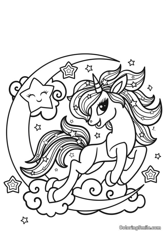 Unicorno luminoso sulla luna - Pagina da Colorare