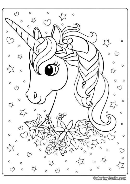 Unicorno con fiori stellari - Pagina da Colorare