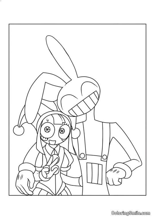 Pomni e Jacks in un Abbraccio - Pagina da Colorare