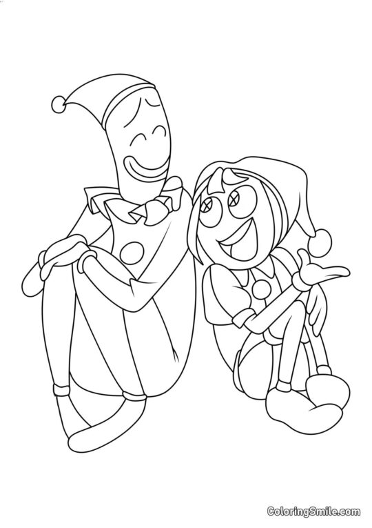 Pomni Siede Insieme a Kaumfo - Pagina da Colorare