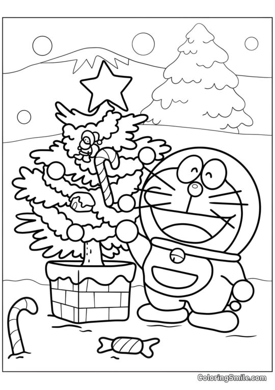 Doraemon con Albero di Natale - Pagina da Colorare