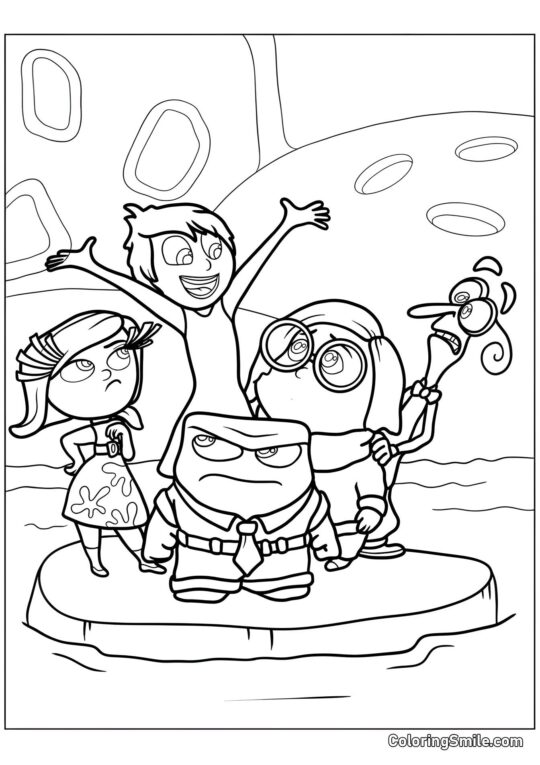 Gioia, Tristezza, Rabbia, Disgusto e Paura che nuotano - Pagina da Colorare