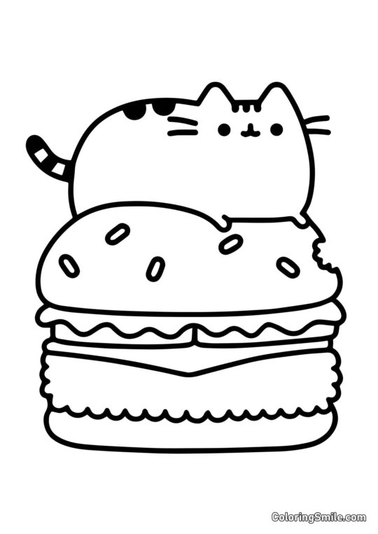 Pusheen il gatto sul cheeseburger - Pagina da Colorare