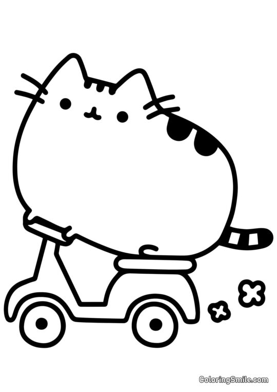 Pusheen il gatto sullo scooter - Pagina da Colorare