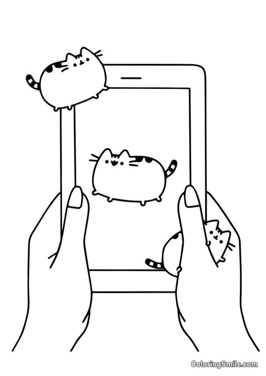 Pusheen il gatto sull’Ipad - Pagina da Colorare