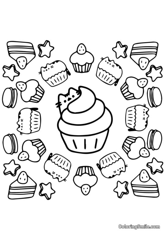 Pusheen il gatto e dolci (Arte Terapia) - Pagina da Colorare