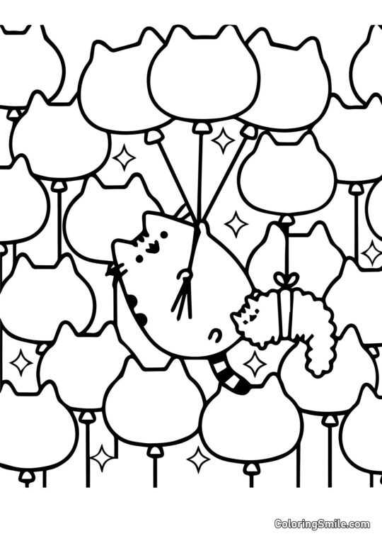 Pusheen il gatto e palloncini (Arte Terapia) - Pagina da Colorare