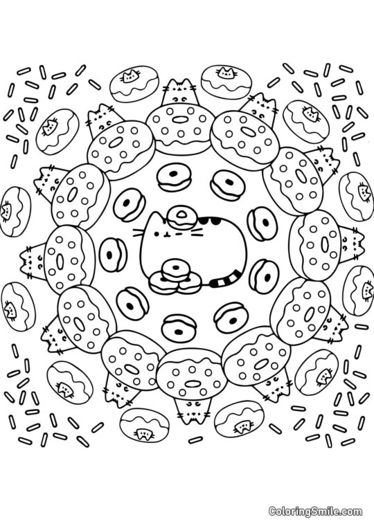 Pusheen il gatto e ciambelle (Arte Terapia) - Pagina da Colorare