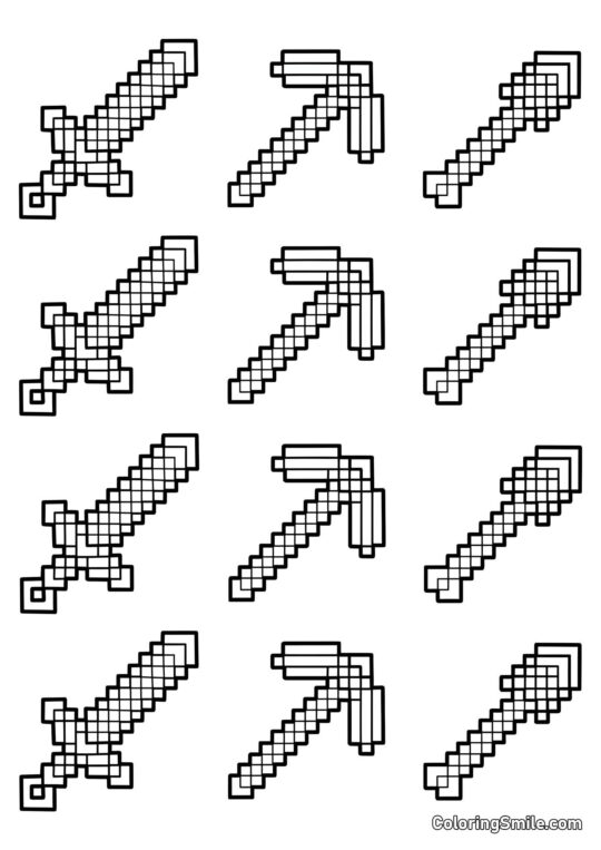 Spada, Piccone e Cazzuola di Minecraft Spada, Piccone e Cazzuola di Minecraft - Pagina da Colorare