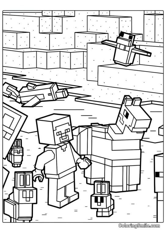 Steve con Llama e Conigli Steve con Llama e Conigli - Pagina da Colorare