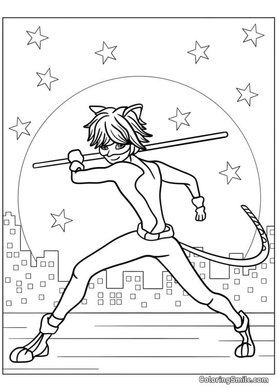 Cat Noir con Bastone Cat Noir con Bastone - Pagina da Colorare