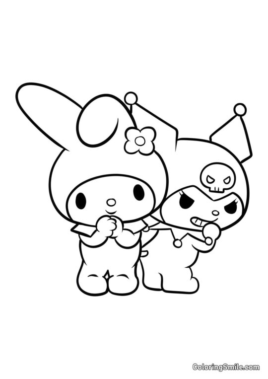 Kuromi dietro My Melody - Pagina da Colorare