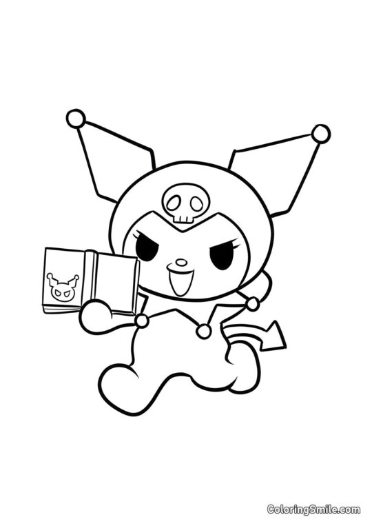 Kuromi che corre con un libro - Pagina da Colorare
