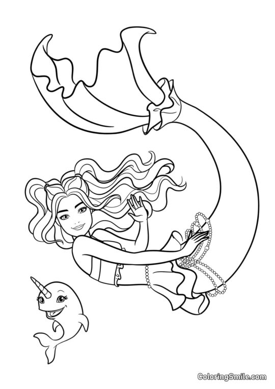 Barbie sirena che saluta con un narvalo Barbie sirena che saluta con un narvalo - Pagina da Colorare