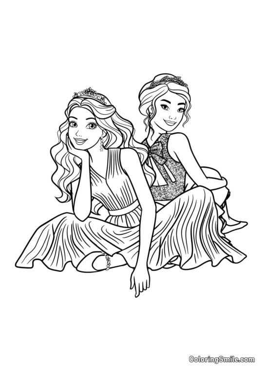 Barbie con un’amica seduta per terra Barbie con un’amica seduta per terra - Pagina da Colorare
