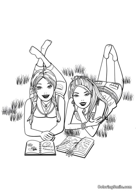 Barbie che legge libri nella natura Barbie che legge libri nella natura - Pagina da Colorare