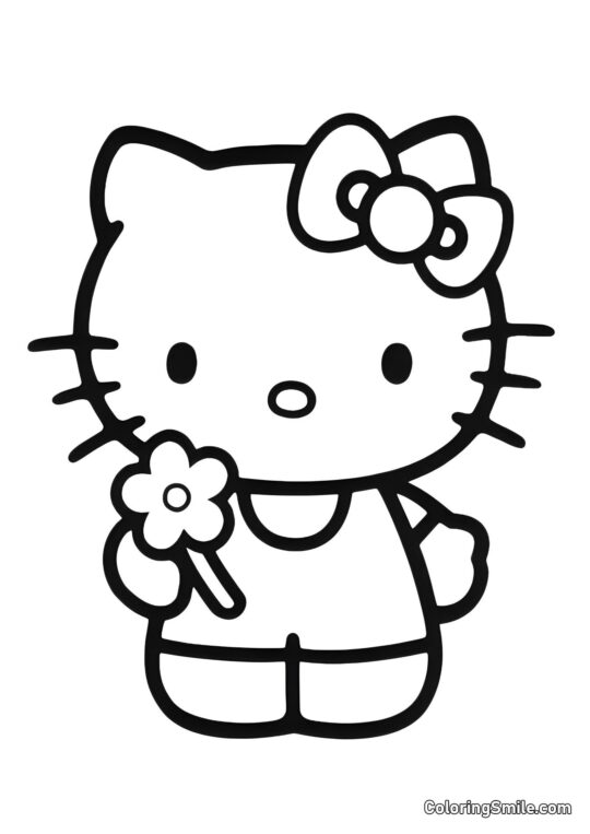 Kitty con un Fiore - Pagina da Colorare