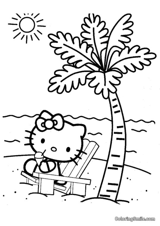 Kitty Accanto a una Palma - Pagina da Colorare