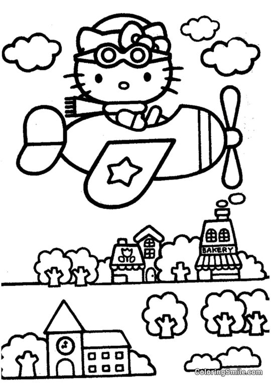 Hello Kitty Che Vola Sopra la Città - Pagina da Colorare