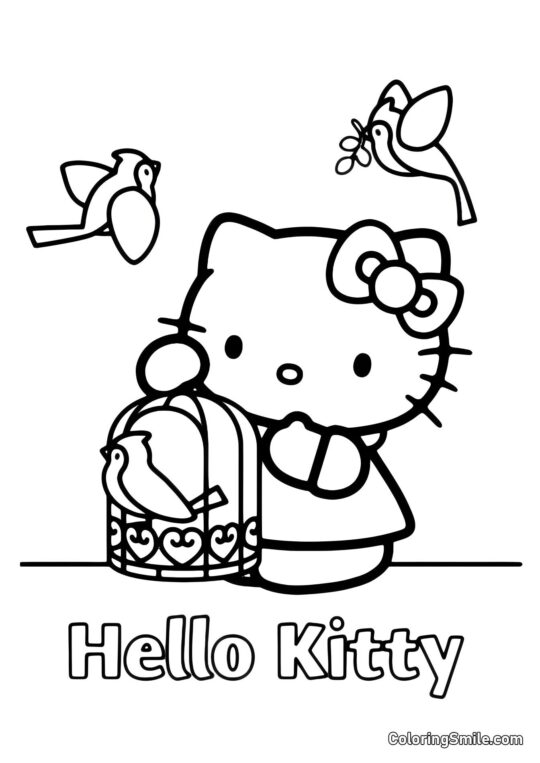 Hello Kitty con gli Uccelli - Pagina da Colorare