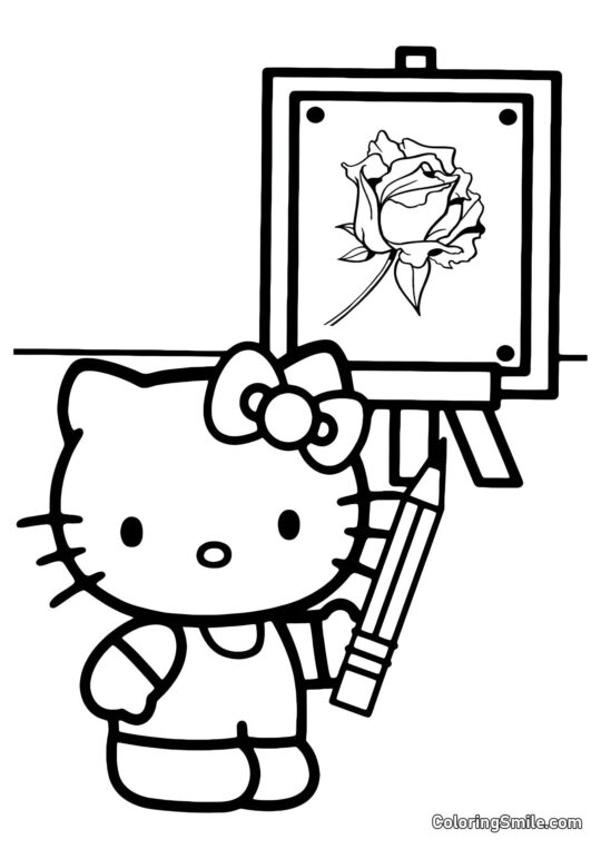 Kitty Ha Disegnato una Rosa - Pagina da Colorare