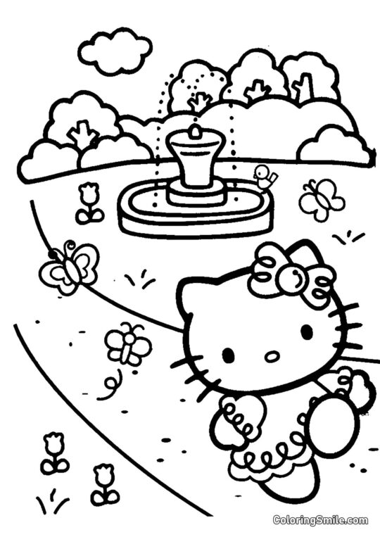 Kitty vicino alla Fontana - Pagina da Colorare