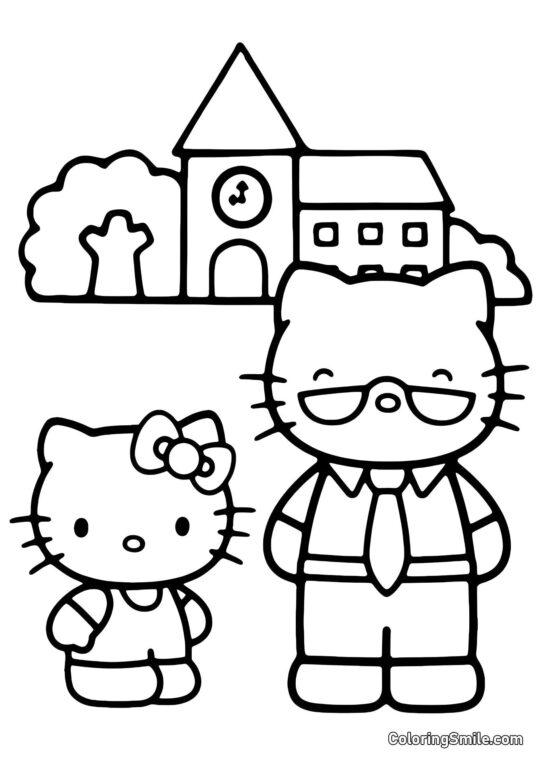 Kitty con Papà Vicino a Casa - Pagina da Colorare
