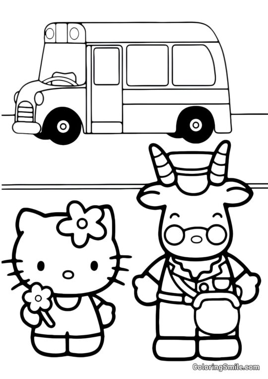 Kitty alla Fermata dell’Autobus - Pagina da Colorare