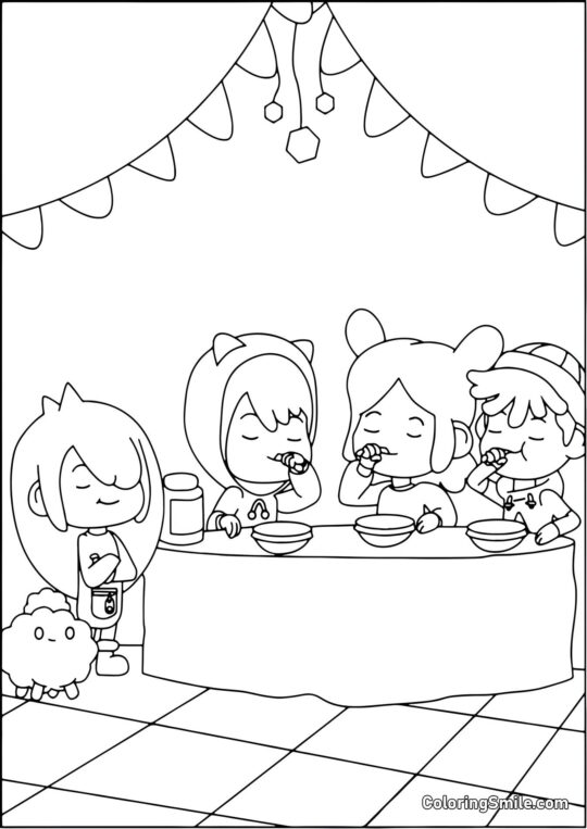 Toca Boca bambini che fanno colazione - Pagina da Colorare