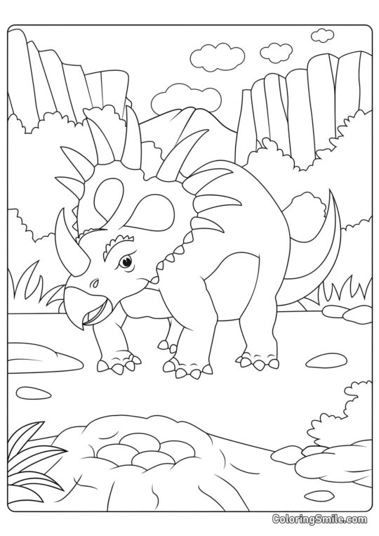 Styracosaurus Vicino al Nido con Uova - Pagina da Colorare