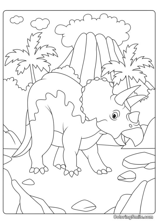 Triceratops Accanto al Vulcano - Pagina da Colorare