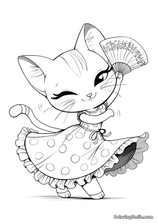 Gatto Carino con Ventaglio - Pagina da Colorare