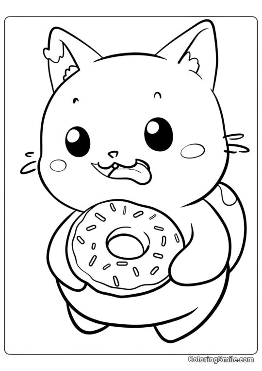 Gatto Carino che Mangia Donut - Pagina da Colorare