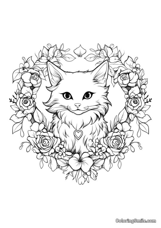 Gatto con Corona di Fiori - Pagina da Colorare