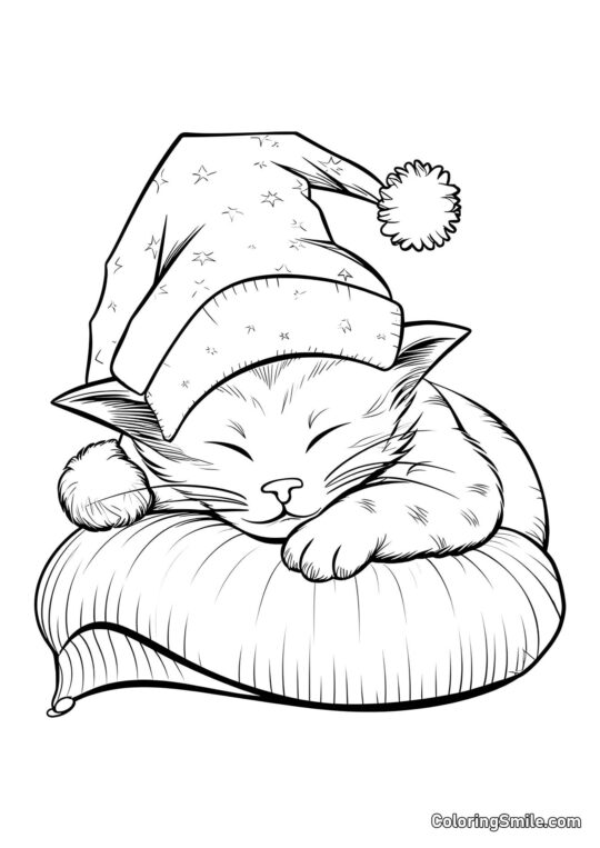 Gatto Carino che Dorme in un Cappello - Pagina da Colorare