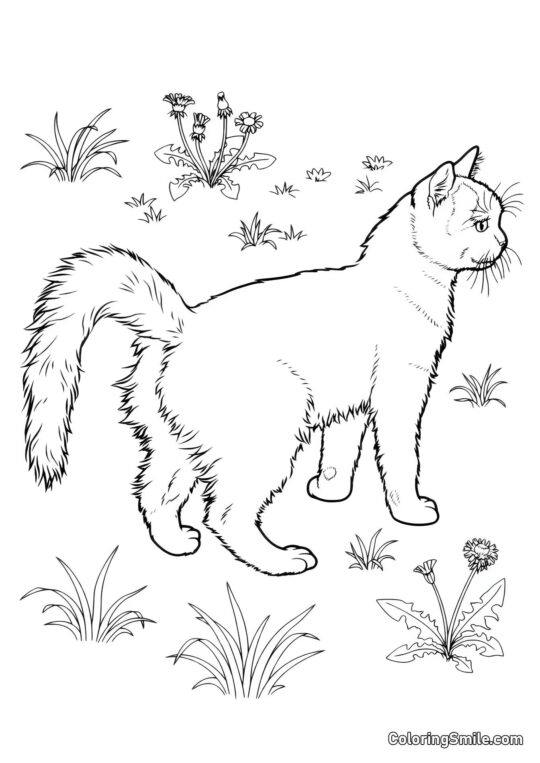 Gatto sul Prato - Pagina da Colorare