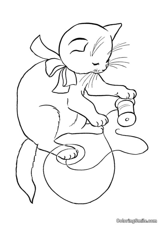 Gatto che Gioca con Fili - Pagina da Colorare