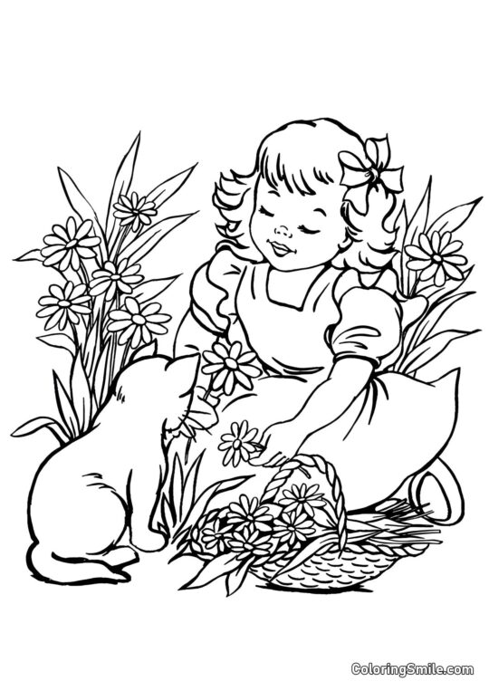 Gatto e Ragazza che Raccoglie Margherite - Pagina da Colorare