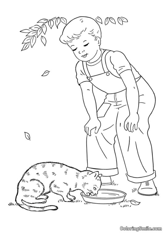 Gatto e Ragazzo - Pagina da Colorare