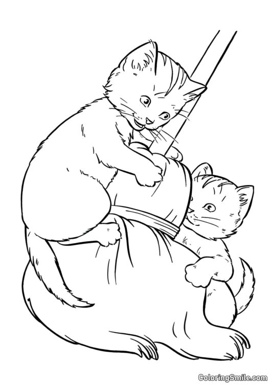 Due Cuccioli che Giocano con una Scopa - Pagina da Colorare