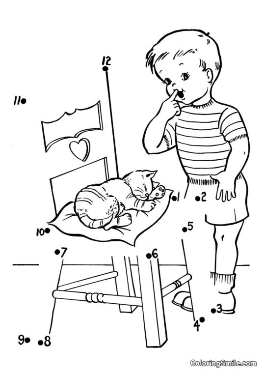 Gatto che Dorme su un Cuscino – Collega i Punti! - Pagina da Colorare