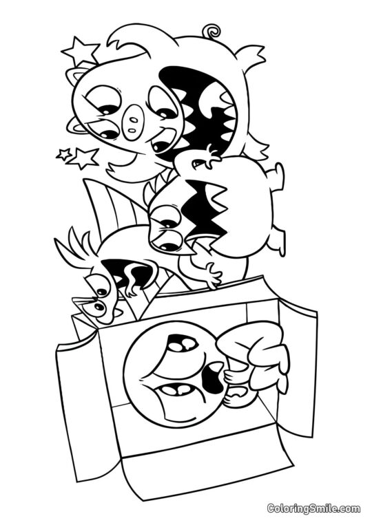 Giocatore si nasconde nella scatola dai mostri della scuola materna di Banban - Pagina da Colorare