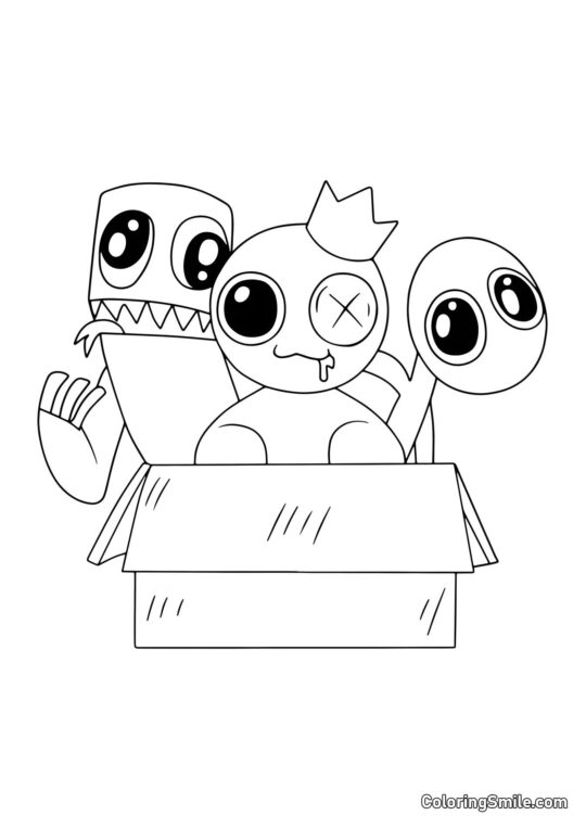 Blu, Verde e Viola seduti in una scatola Blu, Verde e Viola seduti in una scatola - Pagina da Colorare