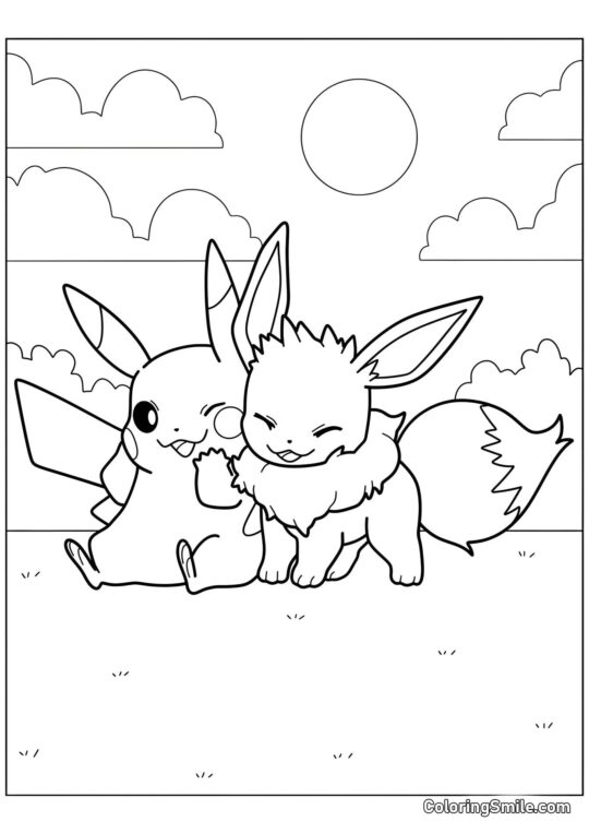 Pikachu su un Prato con Eevee - Pagina da Colorare
