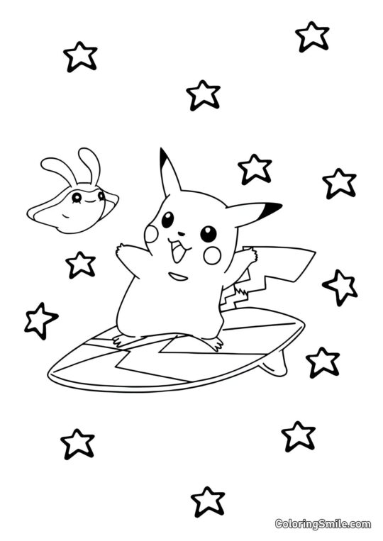Pikachu su Tavola da Surf - Pagina da Colorare