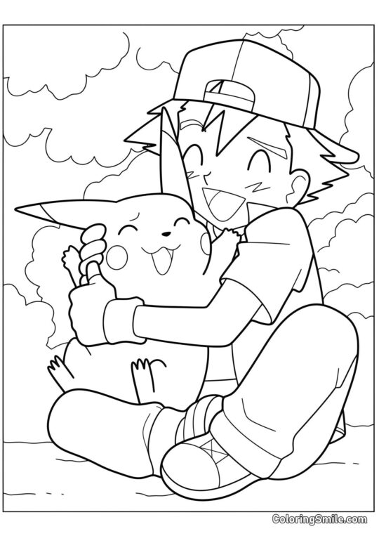 Ash e Pikachu che Abbracciano - Pagina da Colorare