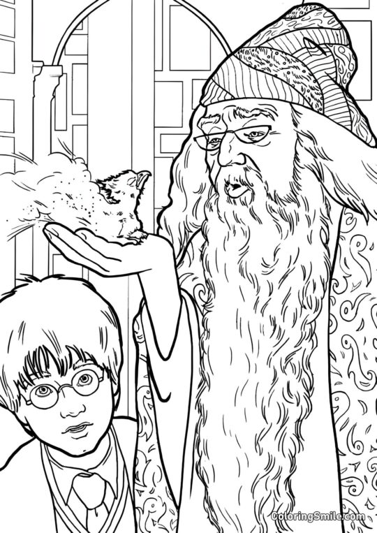 Dumbledore Mostra a Harry la Fenice Dumbledore Mostra a Harry la Fenice - Pagina da Colorare