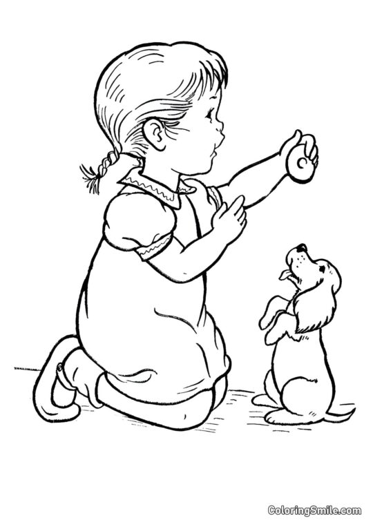 Ragazza che tratta il suo cane - Pagina da Colorare